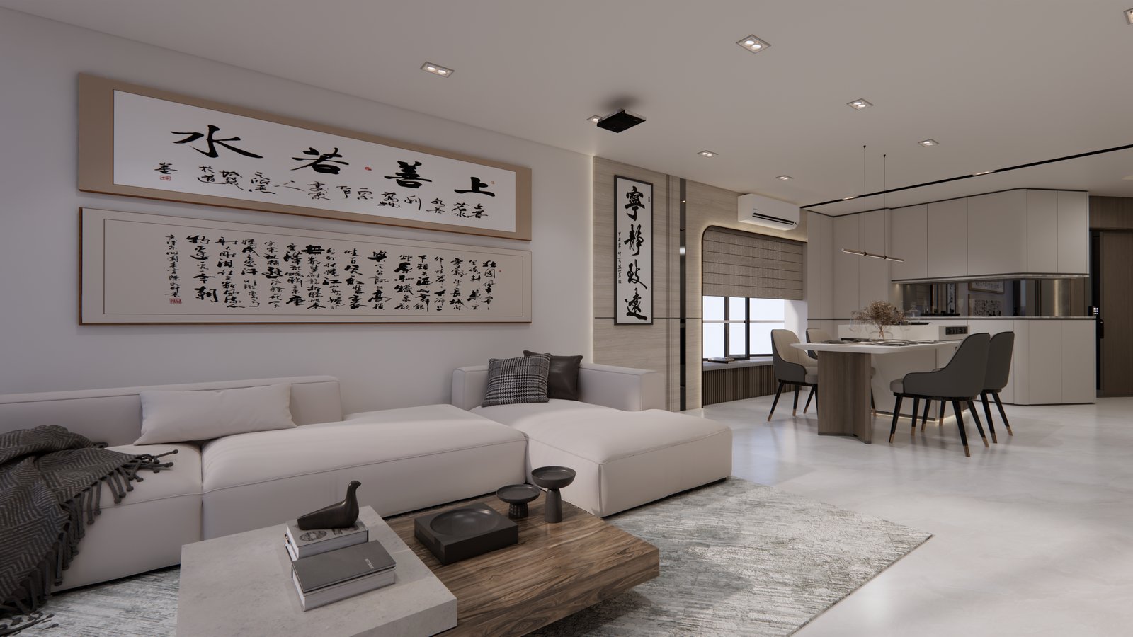 新中式客廳，懸浮電視櫃設計