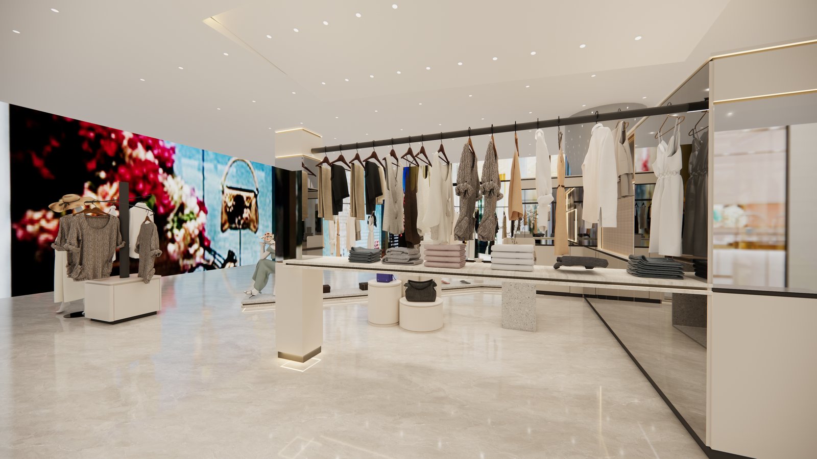 現代簡約服裝店，懸浮展示台設計