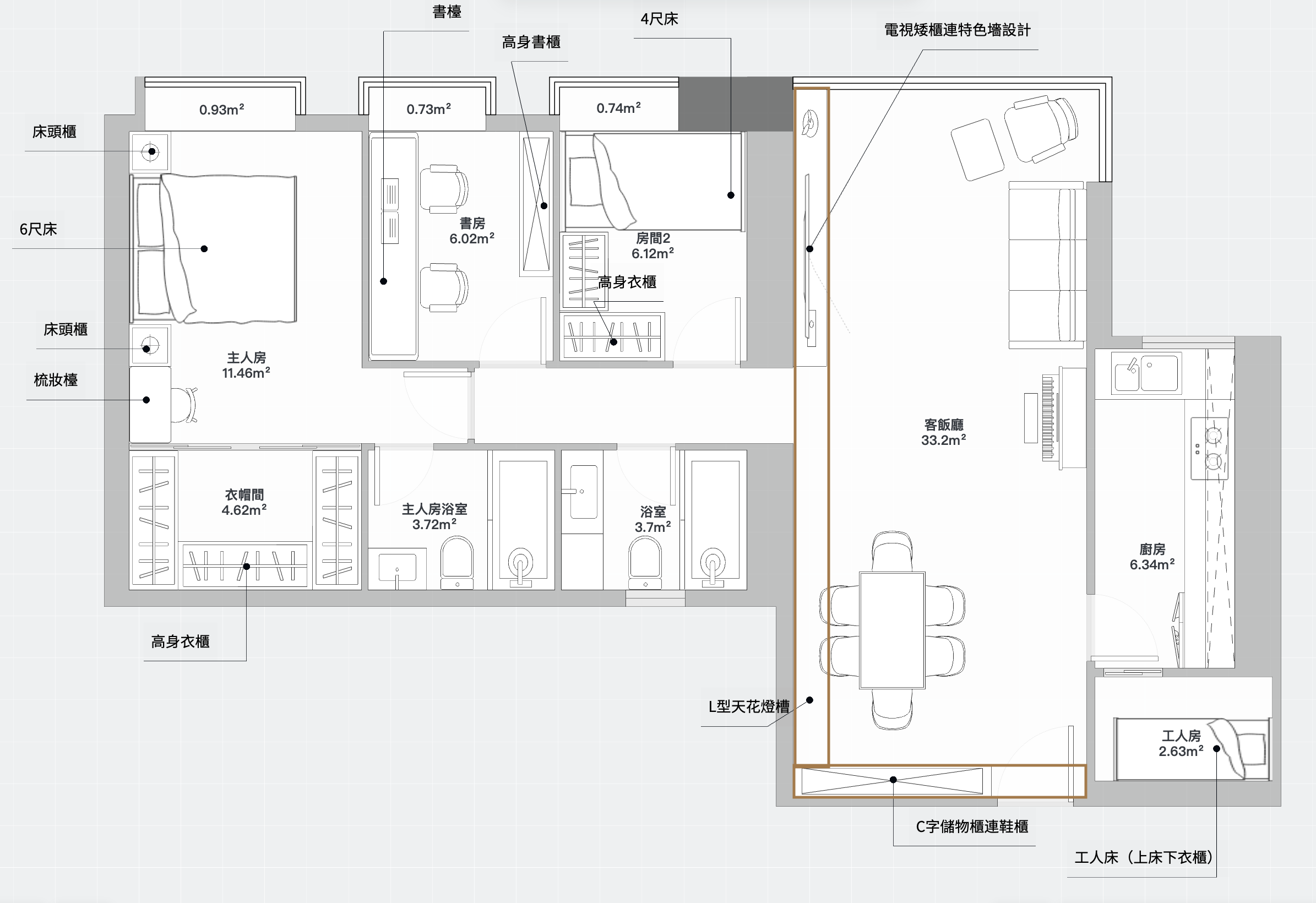 港景峰2座A室 AC 藝創半獨立式廚房設計平面圖（客飯廳33.2m² + 獨立廚房6.34m²）