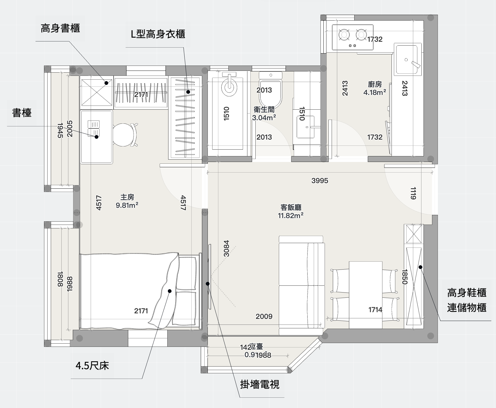 新都城二期一座B室 AC 設計師家私擺位圖(一房版本)