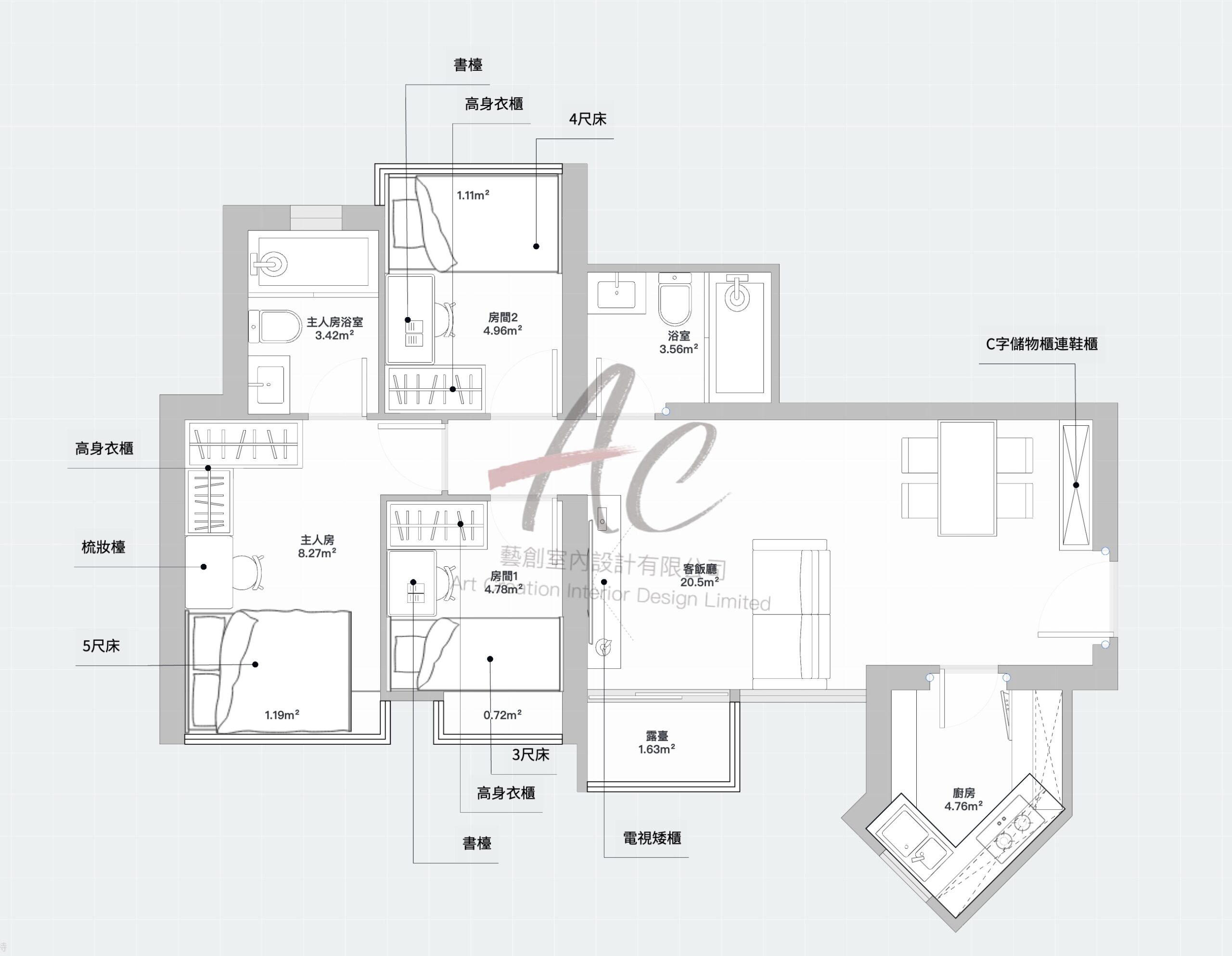 泓景台三座B室 AC 設計師家私圖 三房二廳擺位方案