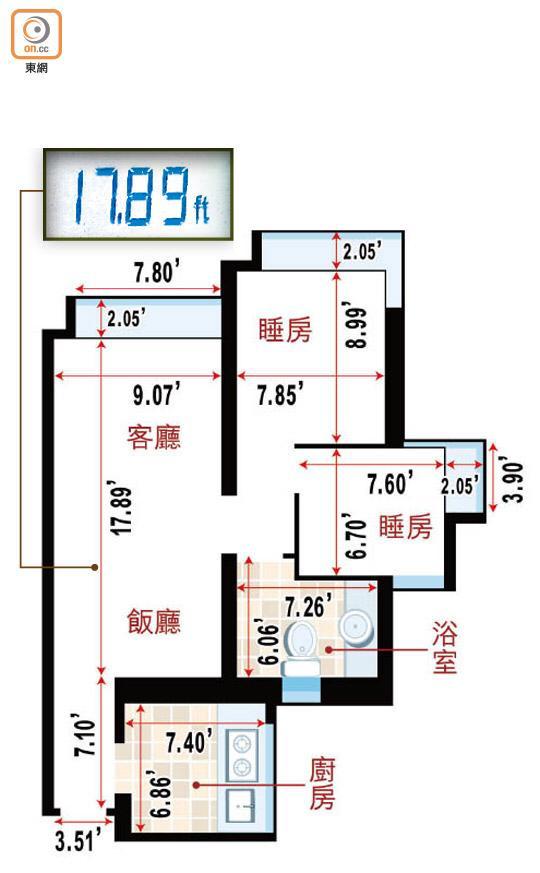 維景灣畔 9座D室 498呎兩房開發商原始平面圖(呎標單位英呎)
