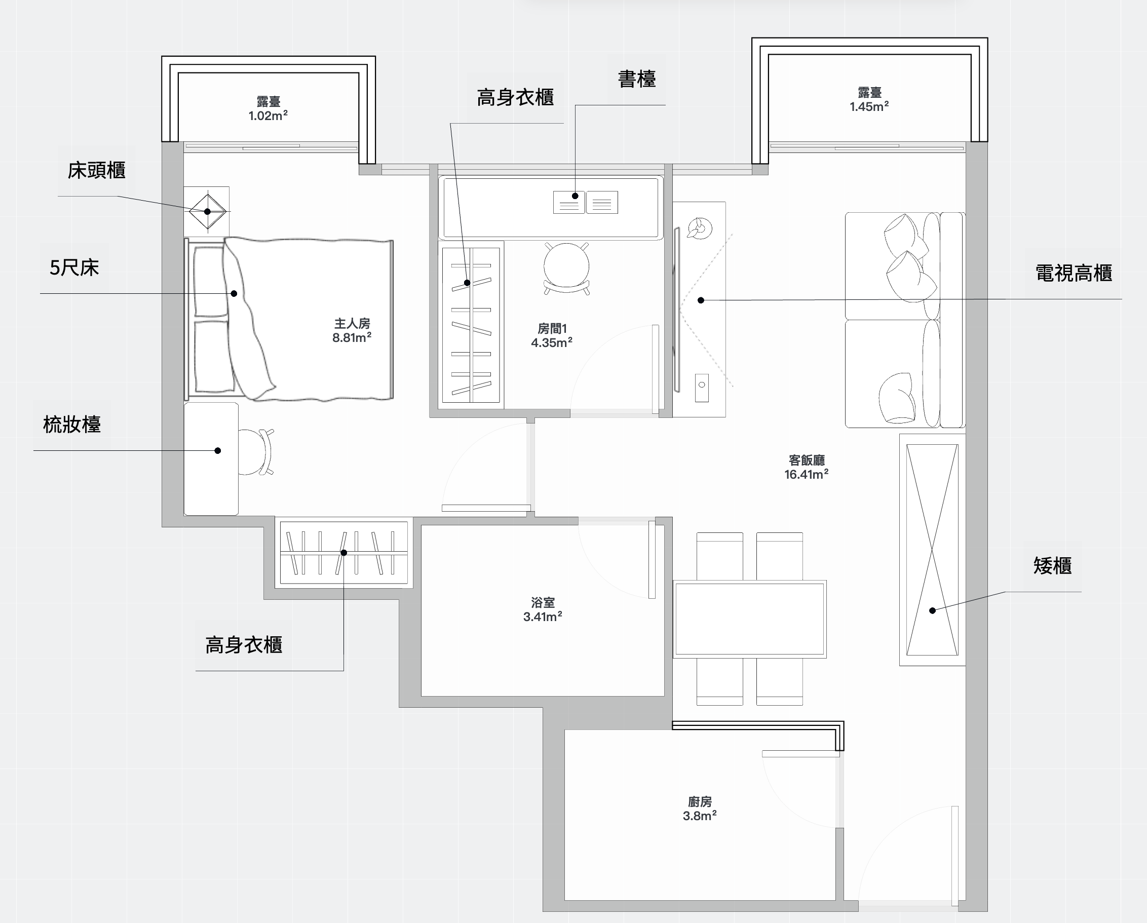 維港匯2期5座B室 AC 主人房 5尺床擺位 高身衣櫃方案
