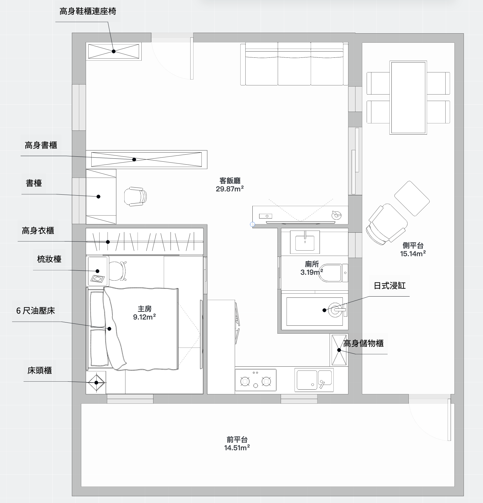 AC 設計師為豐業大廈 2樓B室 繪製嘅 504 呎家私擺位圖 — 方案 A 開放式主臥版