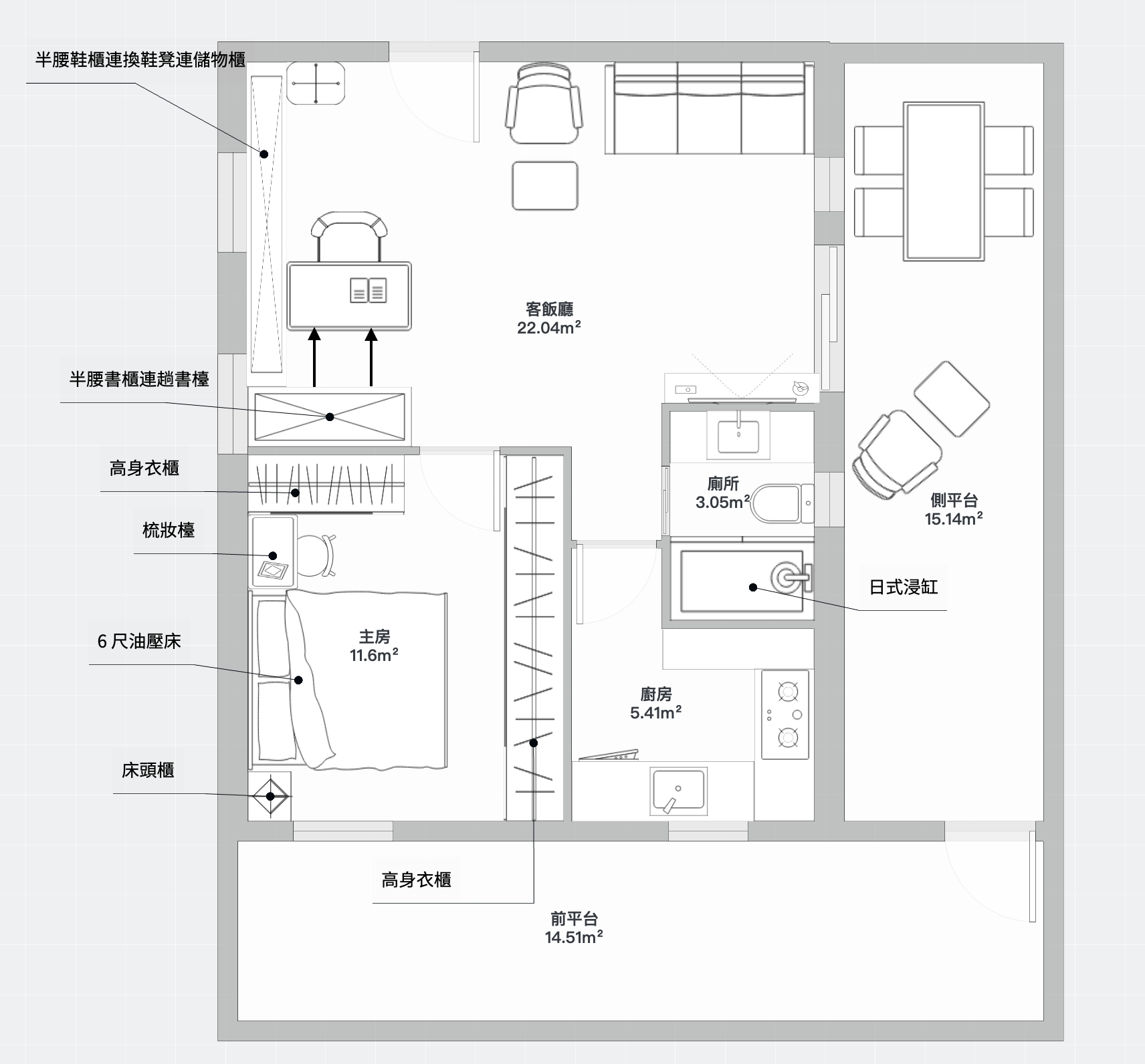 AC 設計師為豐業大廈 2樓B室 繪製嘅家私擺位圖 — 方案 B 分隔主臥版