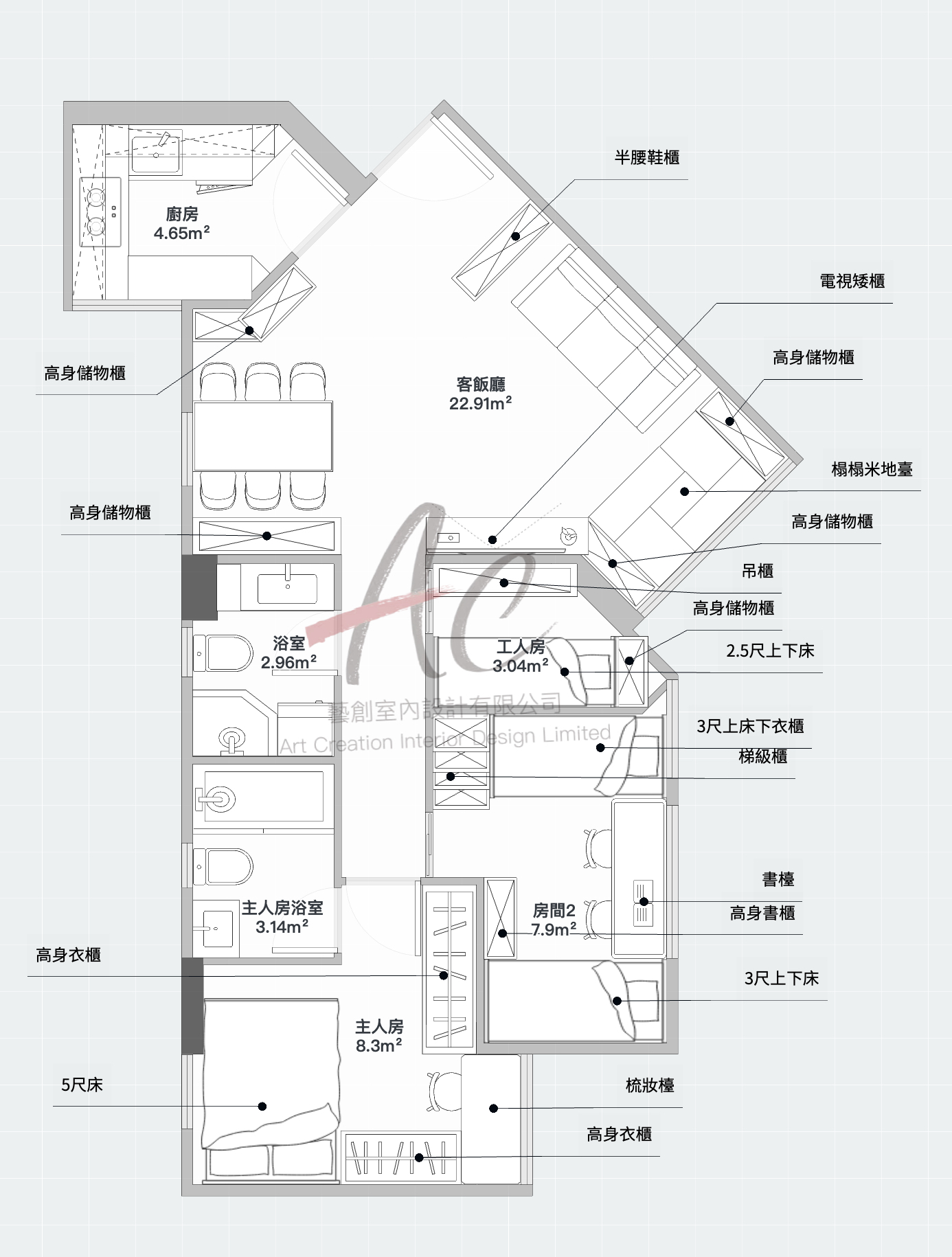 黃埔花園 單位 AC 平面圖變體 — 客飯廳 22.91 平方米 + 電視矮櫃 + 高身儲物櫃方案