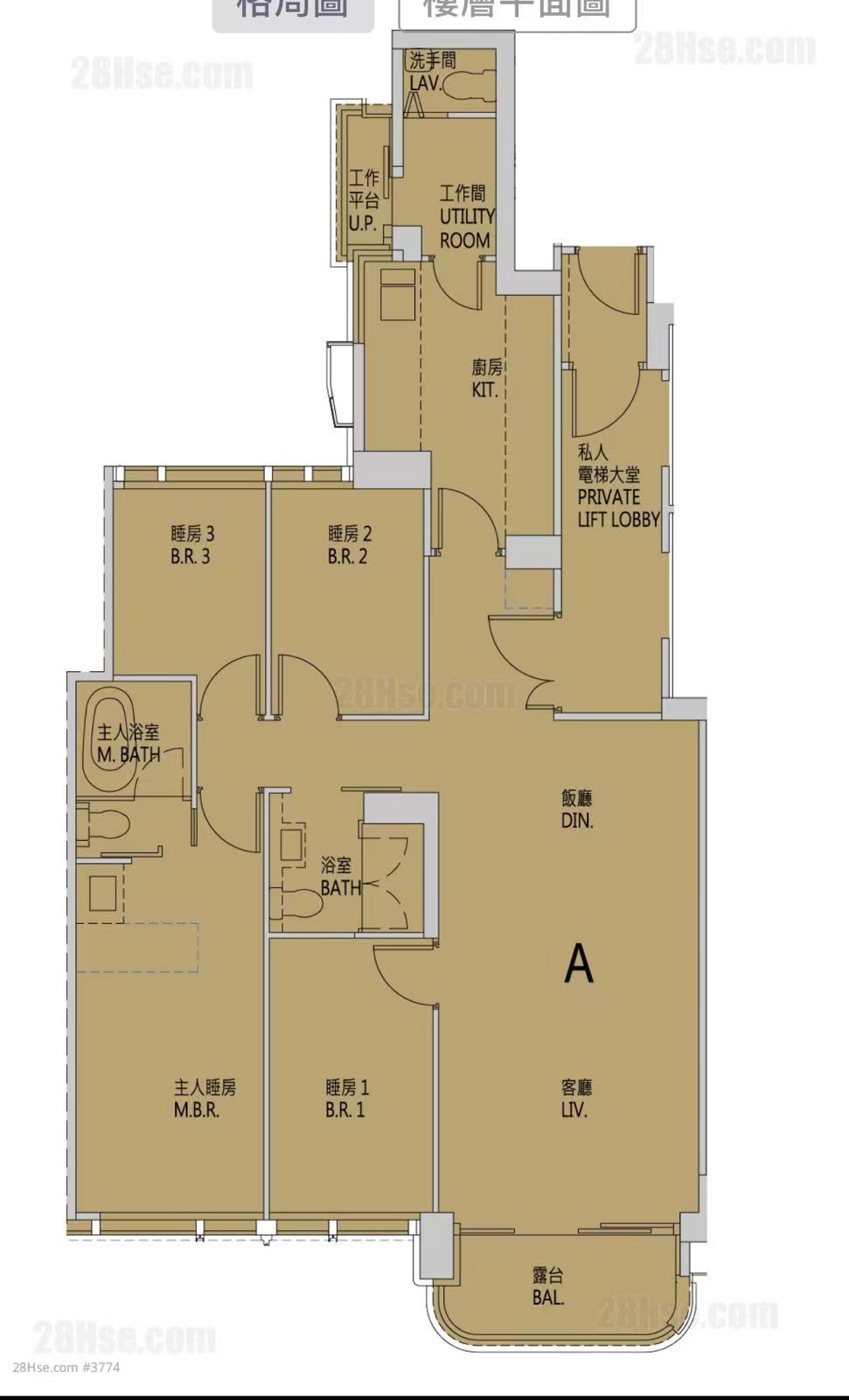1173呎4房戶型原則樓書平面圖：私人電梯大堂、客飯廳、4房+主人套房+工人套房格局
