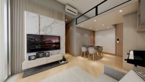 訂造階梯收納 + 黑框玻璃欄杆 + 雲石電視牆｜Tower3C E 室 樓中樓案例