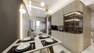 金線吊燈餐廚 + 灰岩電視主牆 + 米色全屋收納｜粉嶺山麗苑5室現代簡約案例