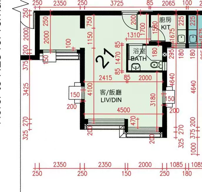 宏緻苑A座 21室 455呎開發商原始清水房平面圖