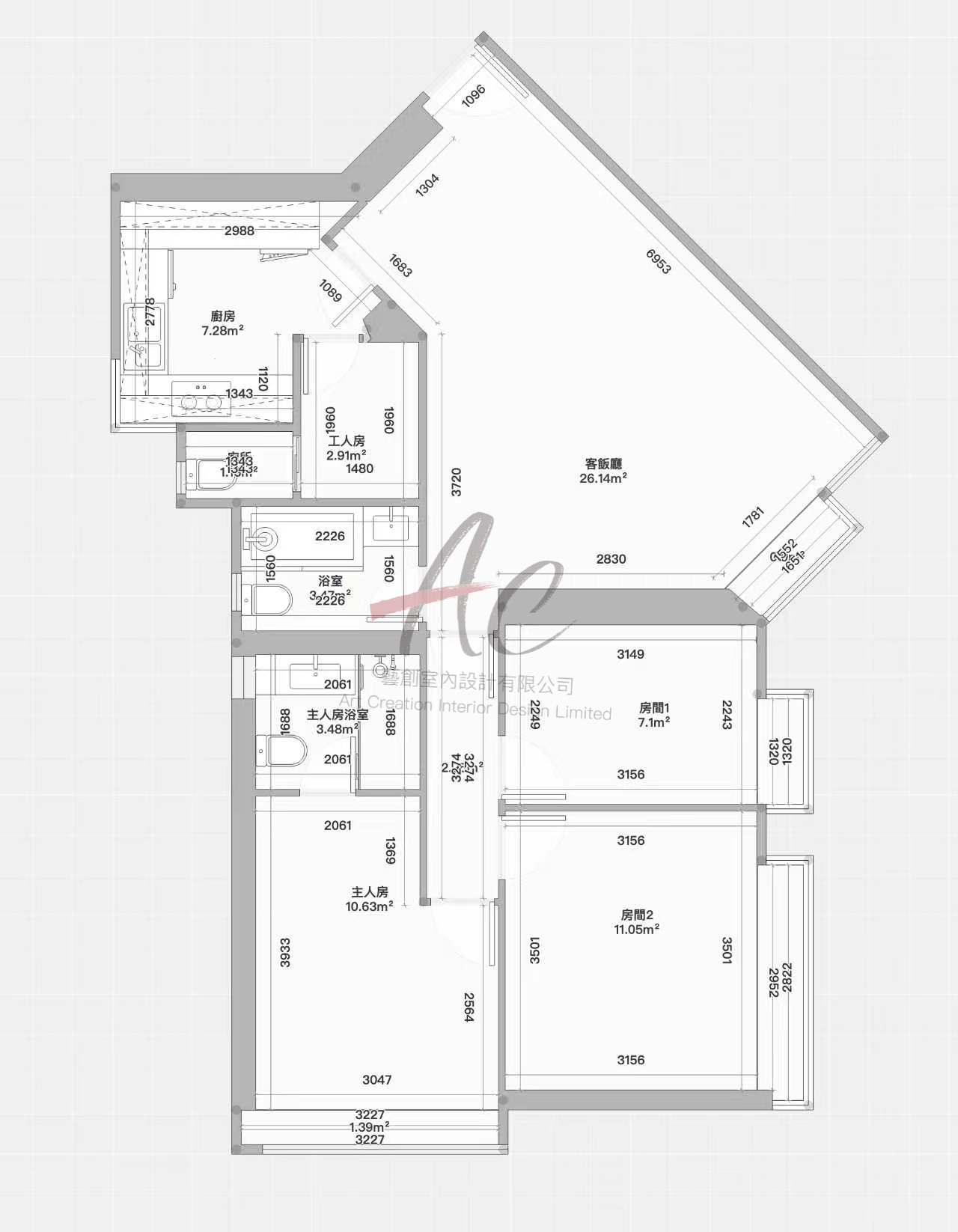 栢景臺 910呎 AC 藝創室內設計尺寸圖