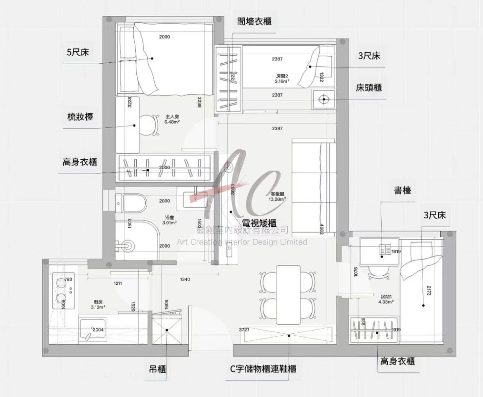 雋東邨雋才樓03室 388呎 AC 藝創訂造傢俬平面圖