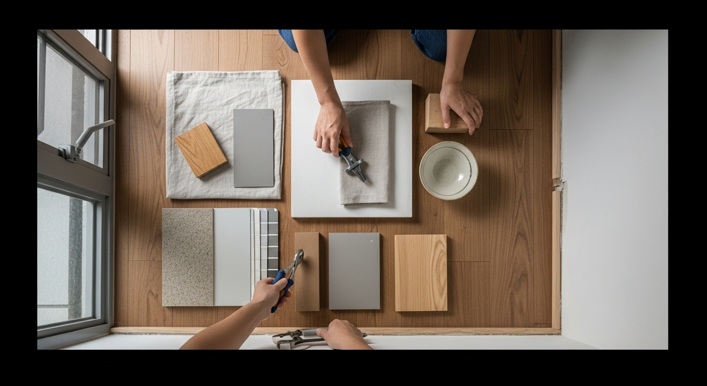 室內設計侘寂風 DIY 步驟中整理留白與材質測試