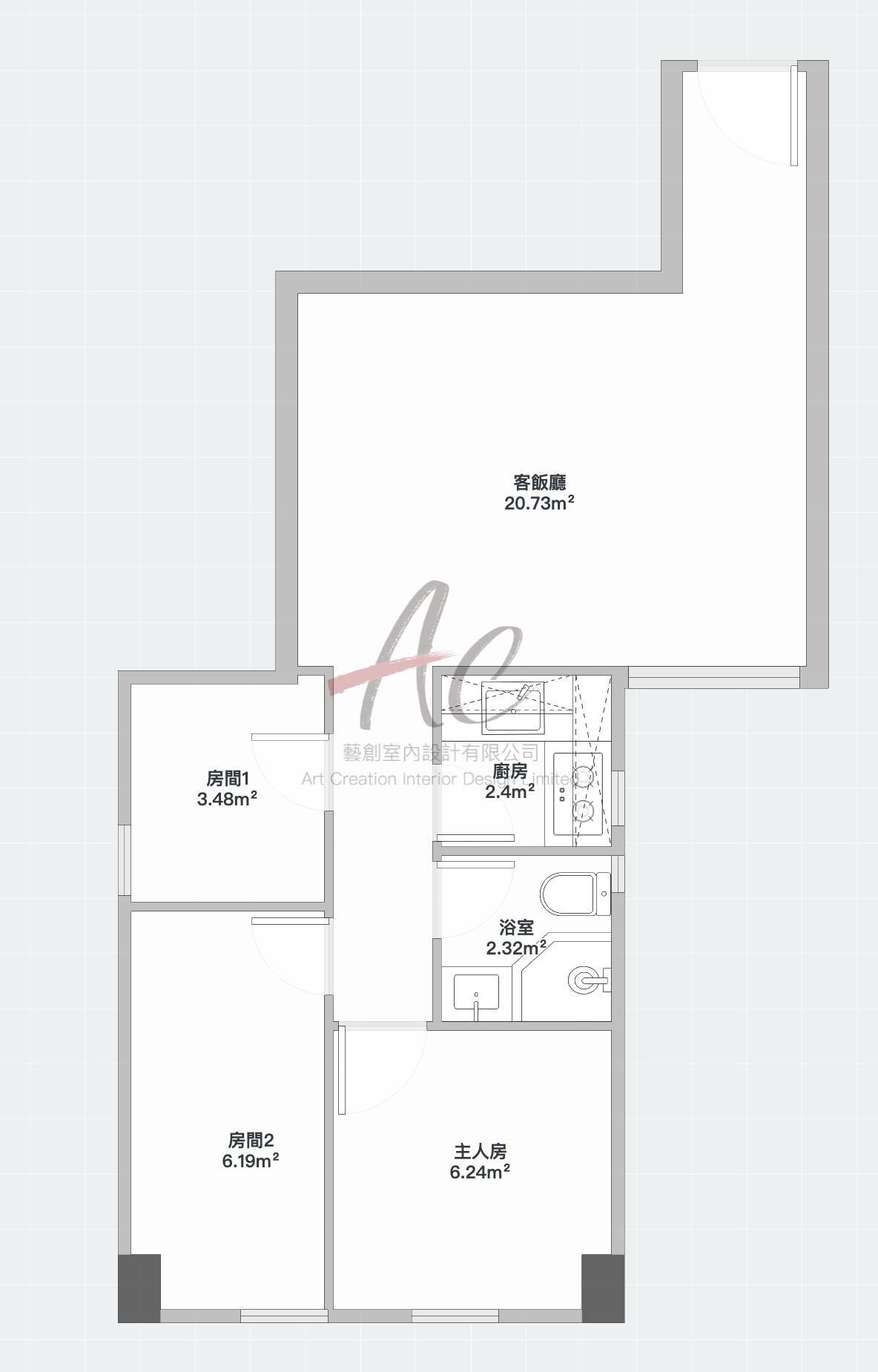 翠竹花園 488呎 AC 訂造傢俬擺位圖（廚房 L 形地櫃 + 訂造衣櫃）