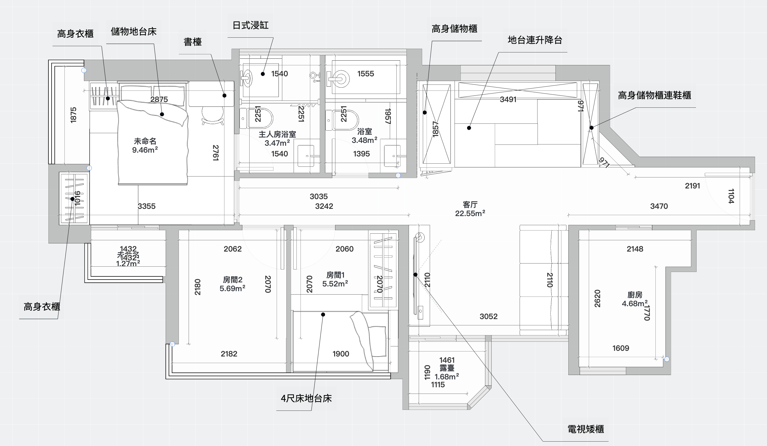 峻瀅 A 室 699 呎戶型尺寸圖 - 同呎數案例參考