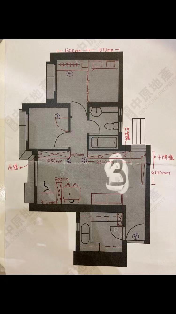 藍田鯉安苑 B座4室 開發商原圖 標示走廊收納閣仔 + 玄關鞋櫃位置 + 房間 1 改門位