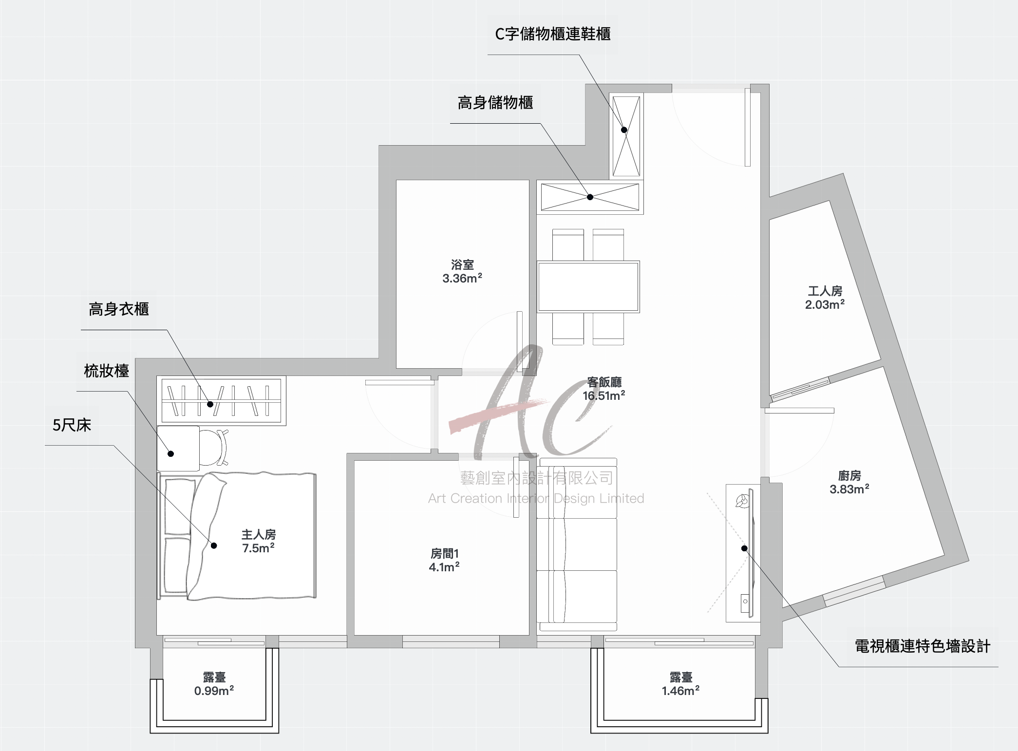 Monaco Marine 主人房 5 呎床 + 5 直尺高身衣櫃 + 2 直尺梳妝臺 訂造佈局
