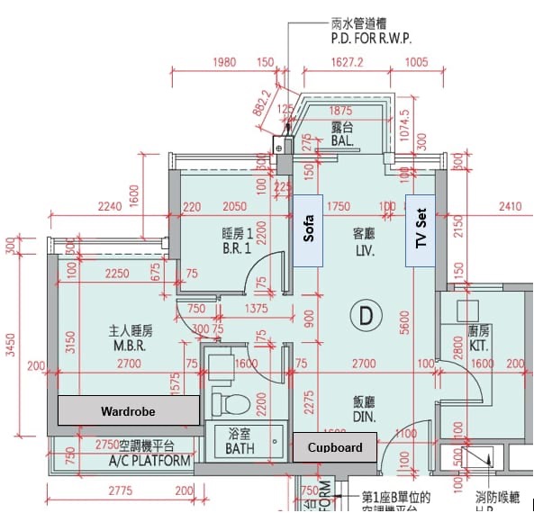 AC 藝創繪製嘅 THE PARKSIDE 507呎家私平面圖 — Sofa、TV Set、Wardrobe、Cupboard 訂造傢俱整體布局