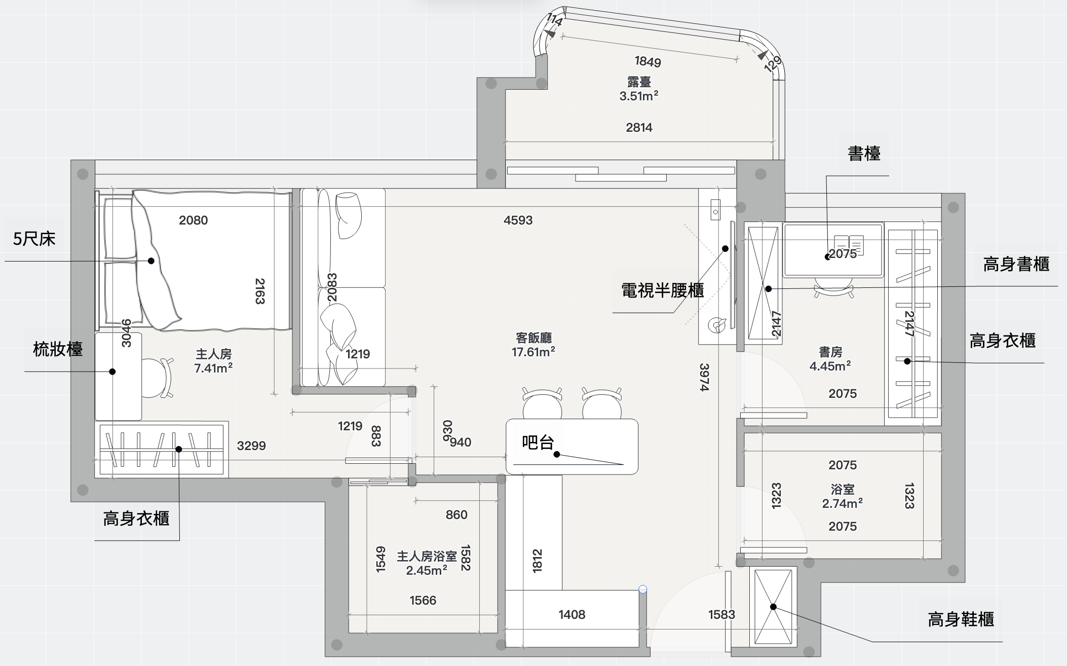 Belgravia Place 476呎兩房 AC 藝創平面圖設計方案,展示吧台及高身衣櫃佈局