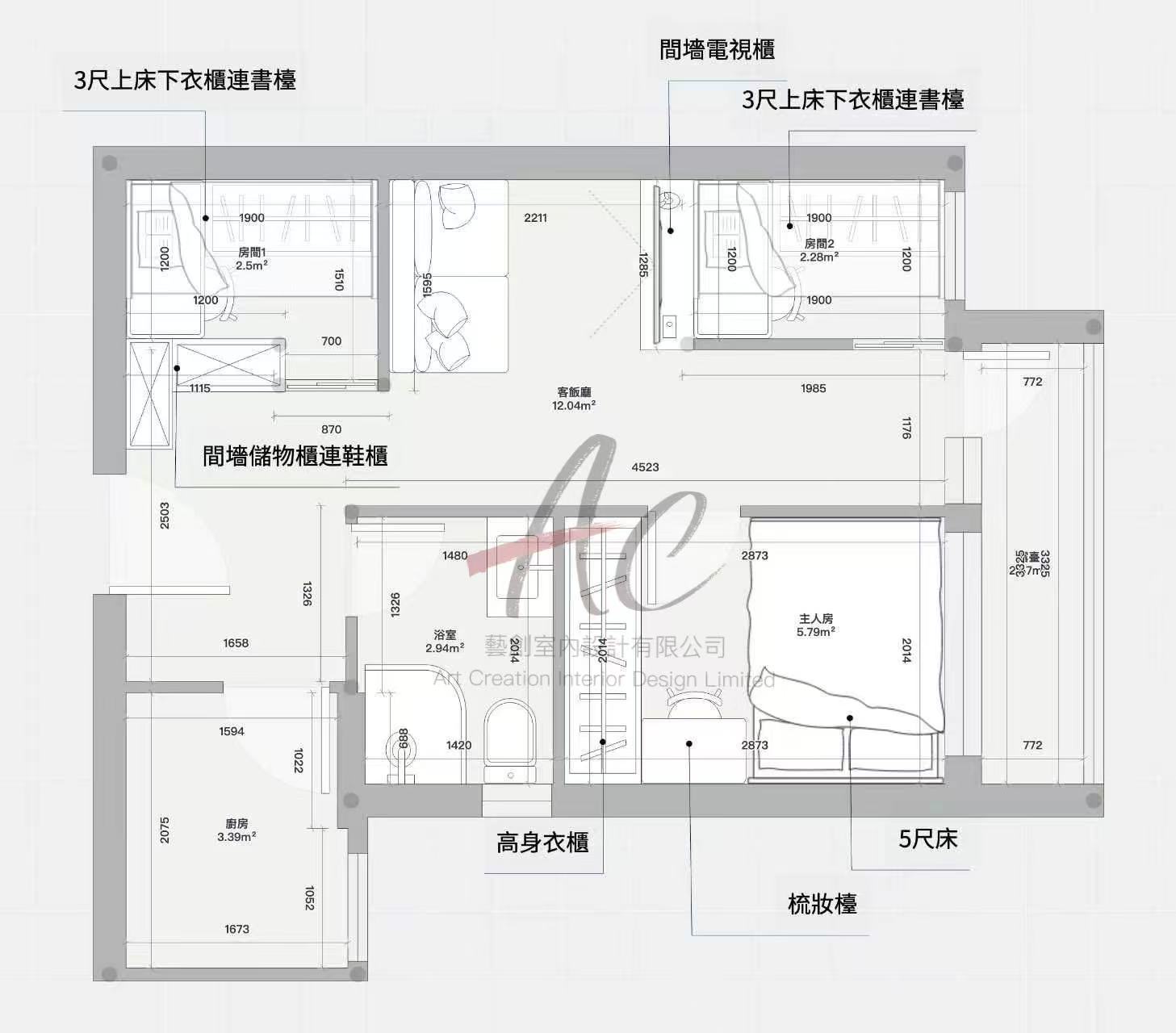 錦駿苑 427呎兩房家俬設計圖，顯示 3尺上床下衣櫃連書檯細節