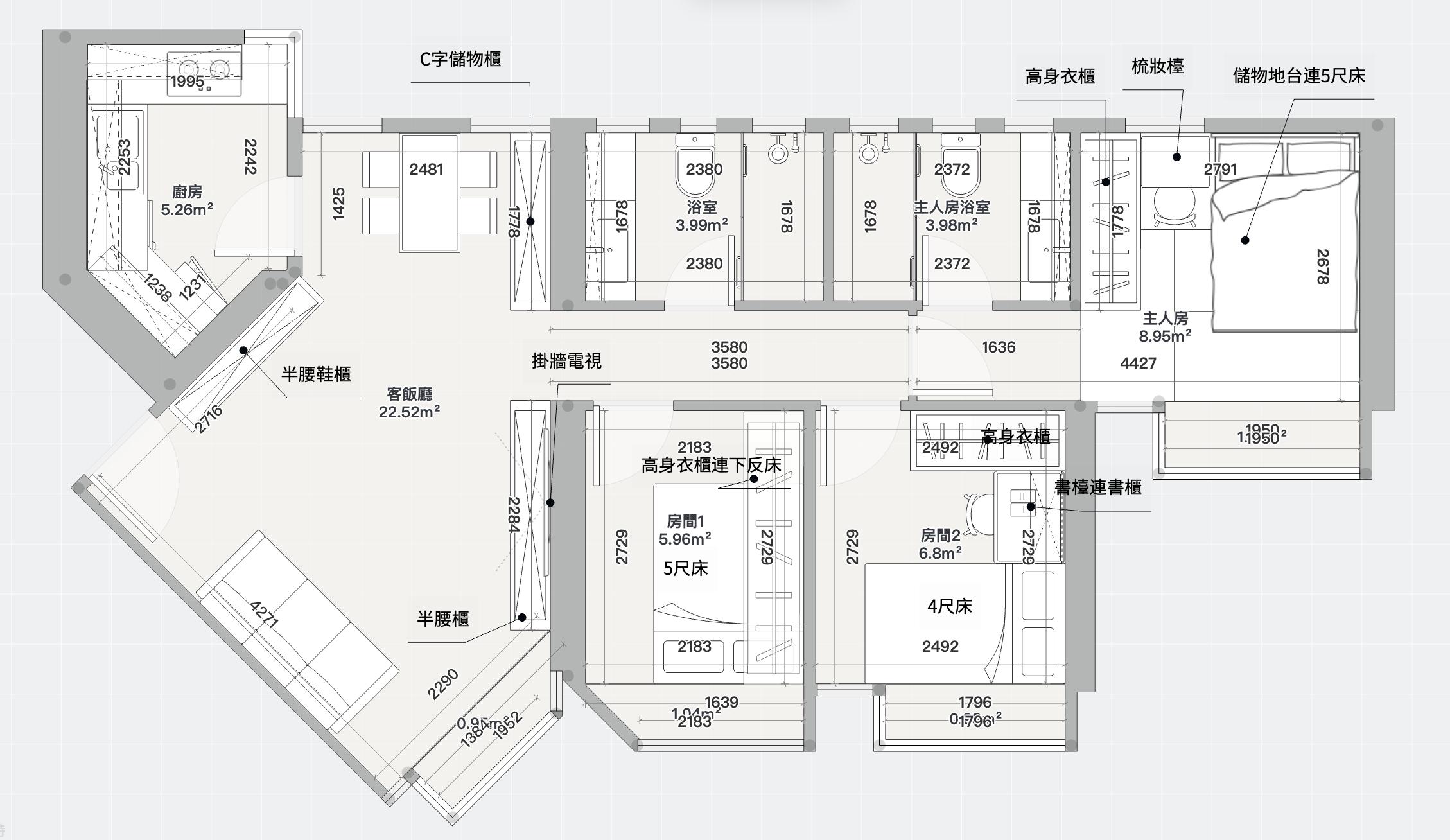 嘉湖山莊翠湖居 633呎三房 AC 藝創平面圖設計方案,展示地台床架及廚櫃擺位