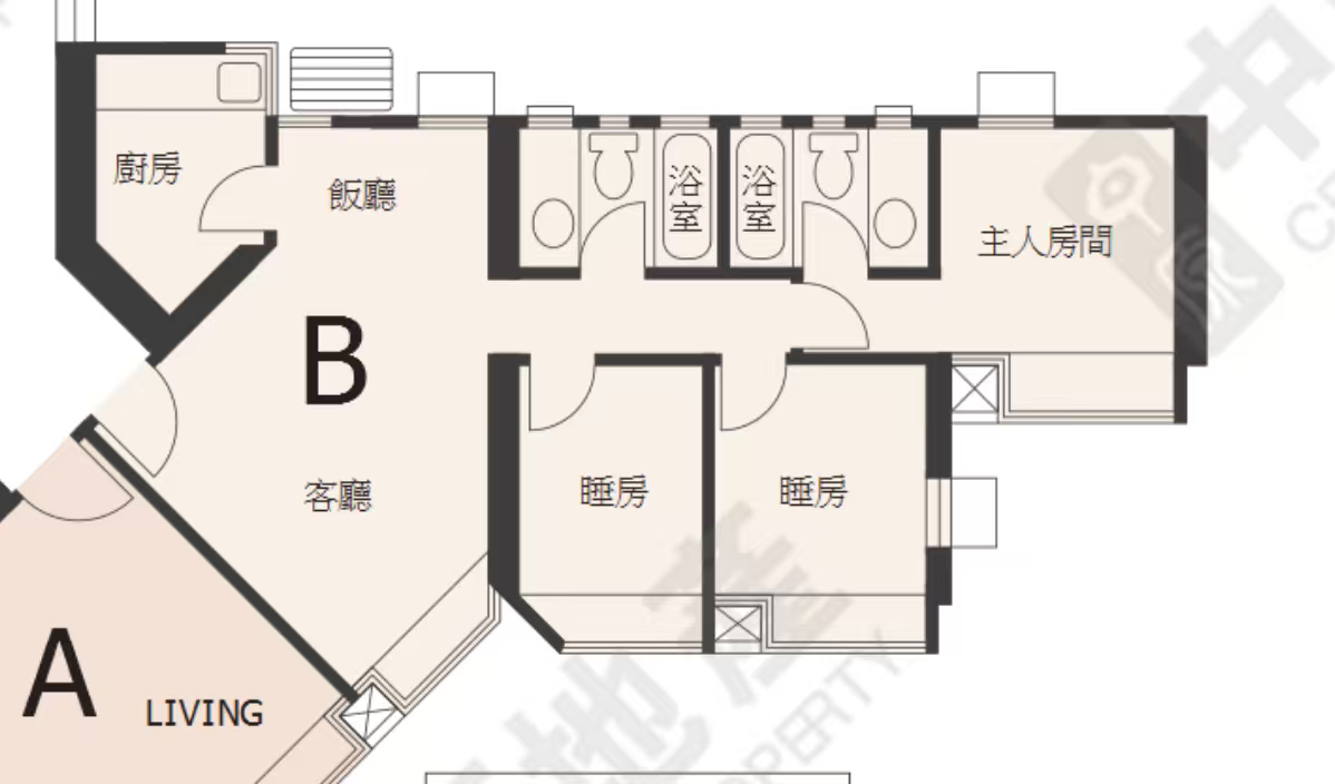 嘉湖山莊翠湖居 633呎三房開發商原始平面圖,顯示鑽石廳格局