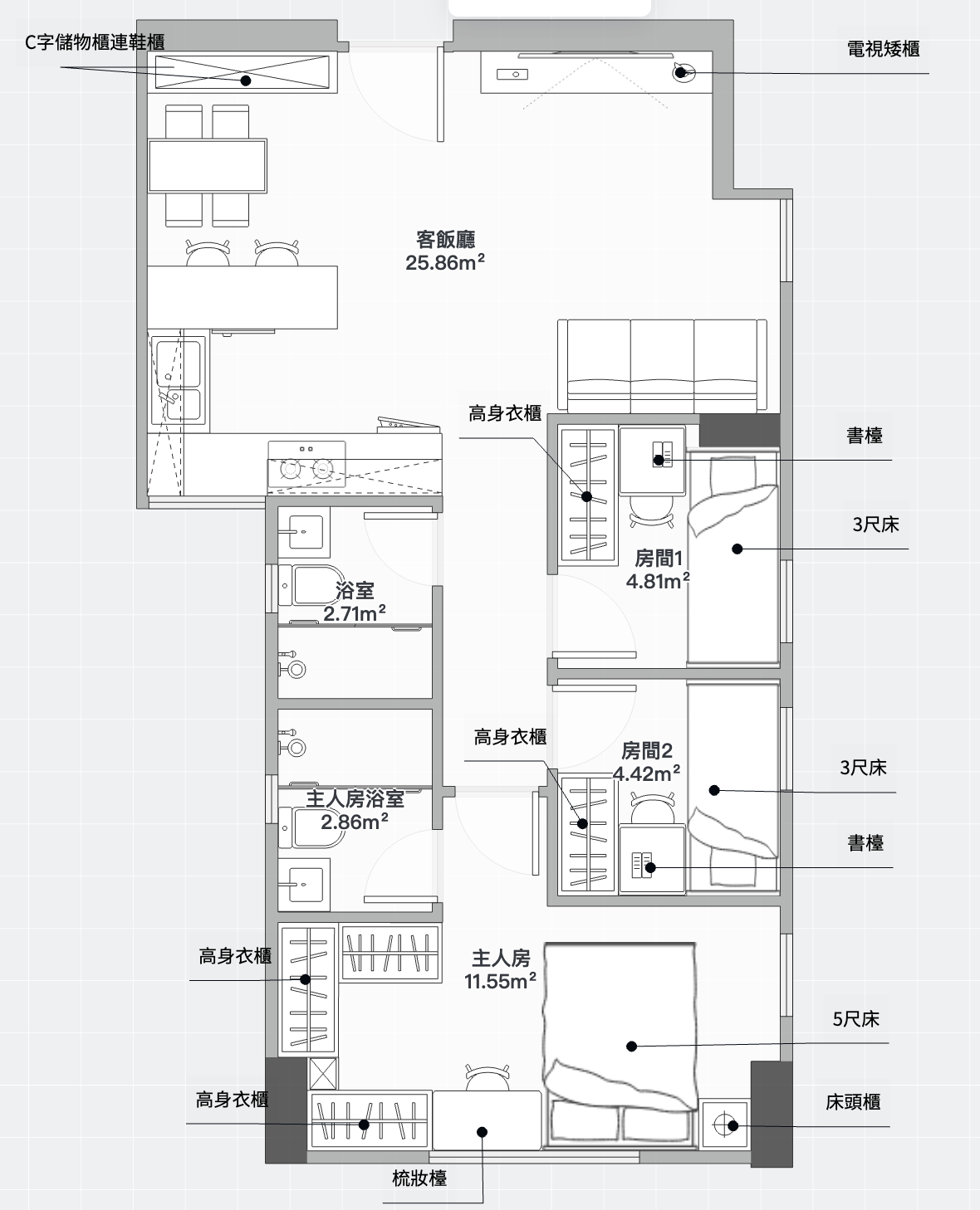 鰂魚涌 747呎三房衣櫃設計｜報價 + 平面拆解（太古城金楓閣G室）