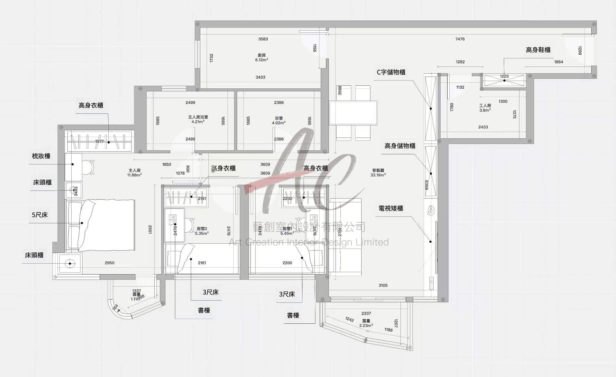 海翩滙 898呎四房主人房 L 型高身衣櫃及 5 尺床架平面圖