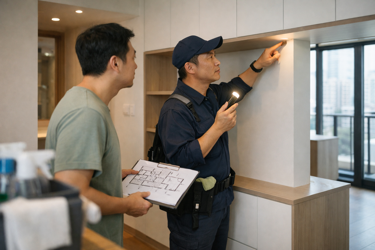 入伙前清潔邊間好 業主與清潔負責人現場檢查範圍